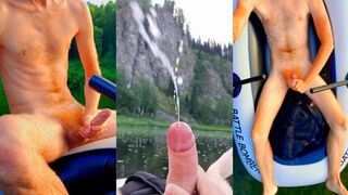 Guy on a boat in the wild masturbates dick and cums powerfully