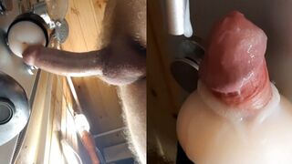 The guy cums powerfully in the artificial anus of the virtual fag