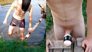 Парень трусах искупался со стояком в озере и дважды слил сперму