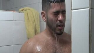 Draped Latino plowed In Gym Bathroom