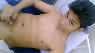 First time: Twink cums on bed!