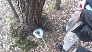 two friends pissing a big foamy puddle behind a tree
